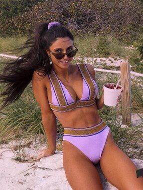 ELYSIIAN Bali Lilac Purple Yellow Embroidered Triangle Bikini Top, Size M